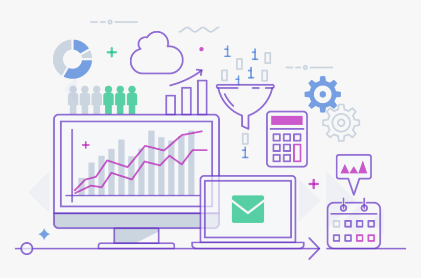 Collage Of A Computer Monitor, Laptop, Calendar, People - Modern Thin Line Design, HD Png Download