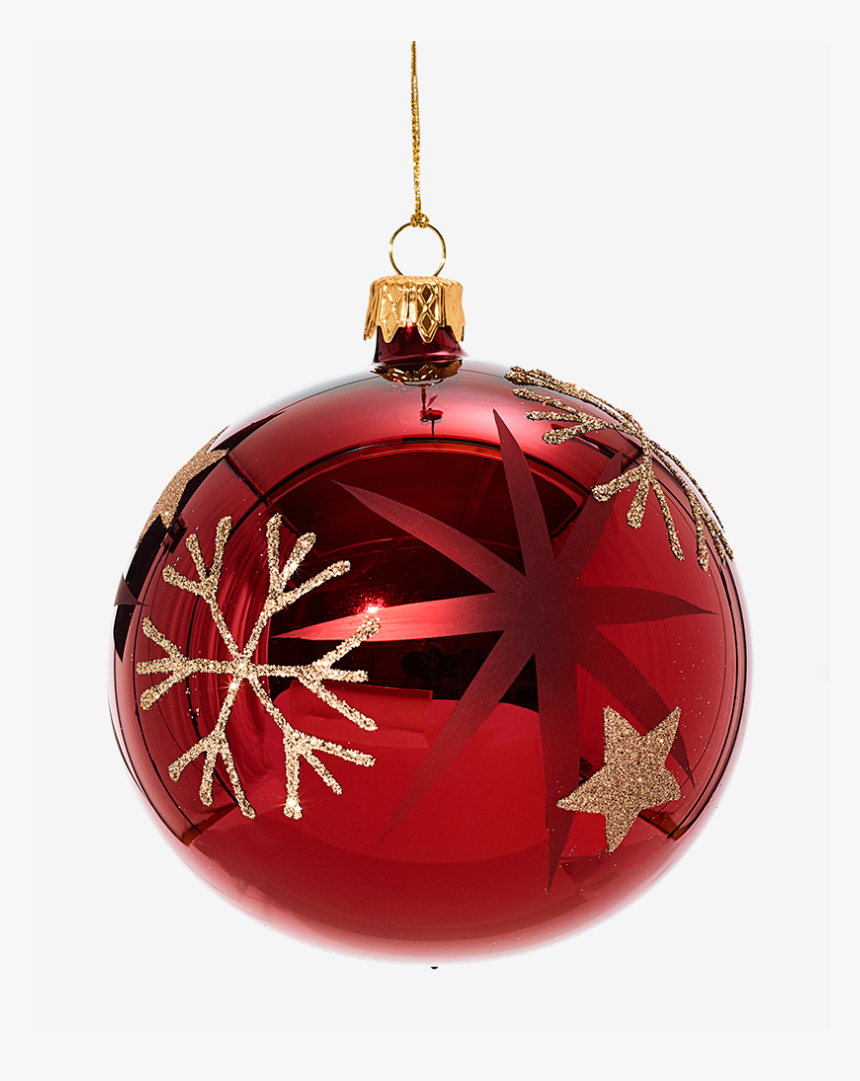 Glass Bauble Red With Golden Stars And Flakes, 10cm - Christmas Ornament, HD Png Download
