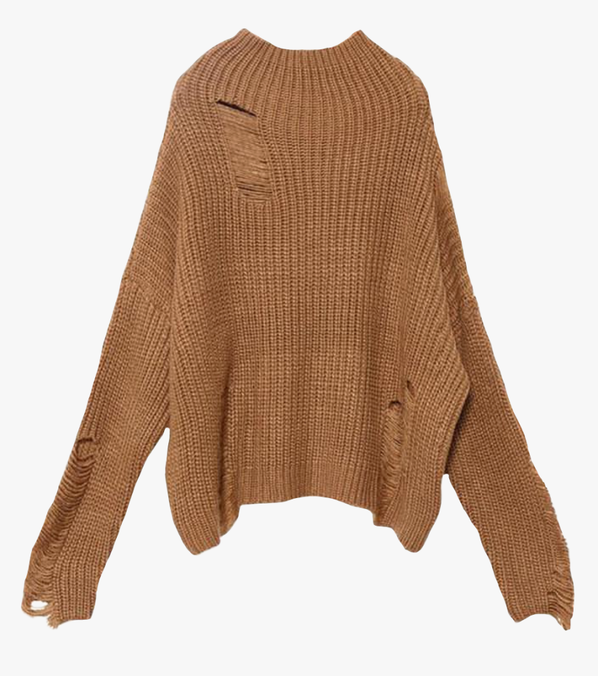 #sweater #brown #beige #torn #ripped #shirt #top #aeathetic - Cardigan, HD Png Download