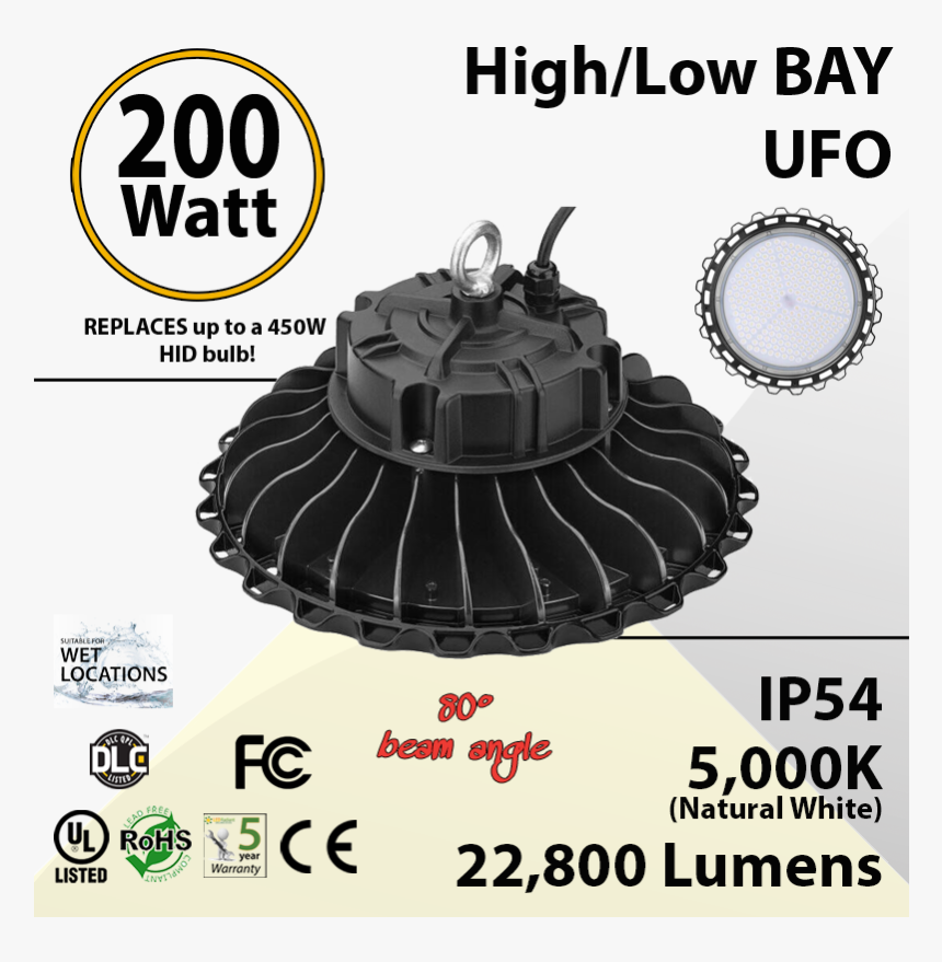 200w Led High Bay Light Ufo 22800 Lumens 5000k Ul Dlc - Ufo Light Led High Bay 150 Watt Fixture 19650 Lumens, HD Png Download
