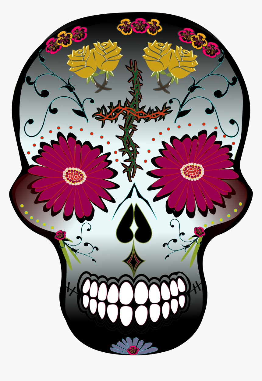 Day Of The Dead Traditional Flower Skull - Skull, HD Png Download