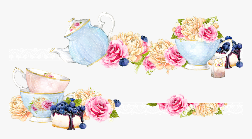 Clipart Cup Tea Party - Tea Cup With Flowers Invitation, HD Png Download