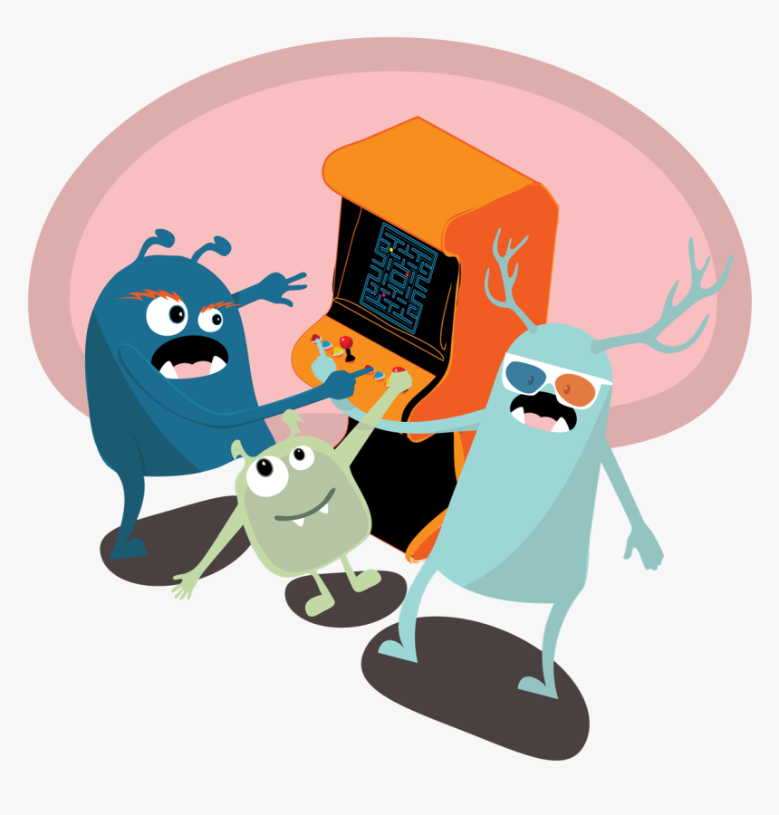 3 Monsters Playing An Arcade Game - Cartoon, HD Png Download