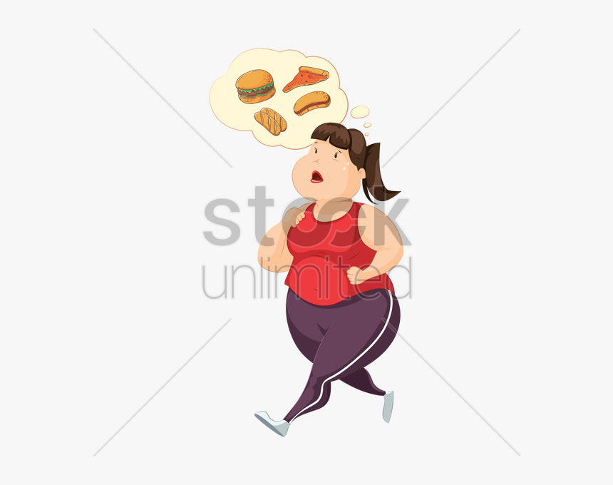 Woman Jogging While Thinking Of Food Vector Image - Fat Lady Eating Food Vector, HD Png Download
