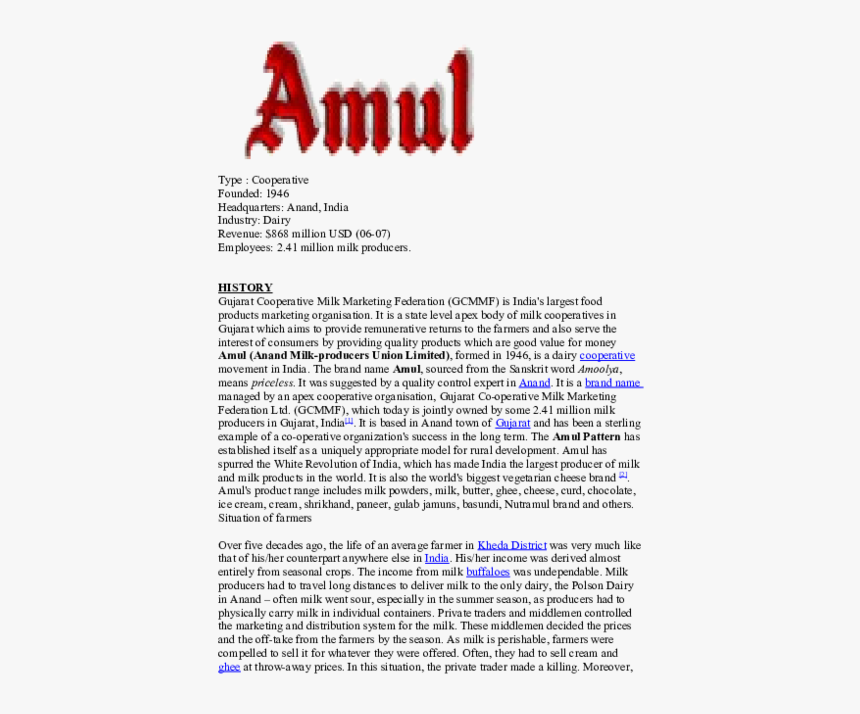Amul Company History In Hindi, HD Png Download