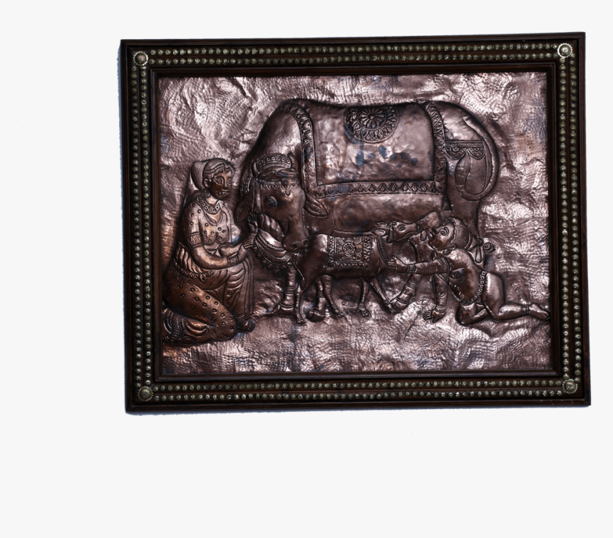 Copper Art Vastu Yashoda Krishna With Cow With Woodenframe - Picture Frame, HD Png Download