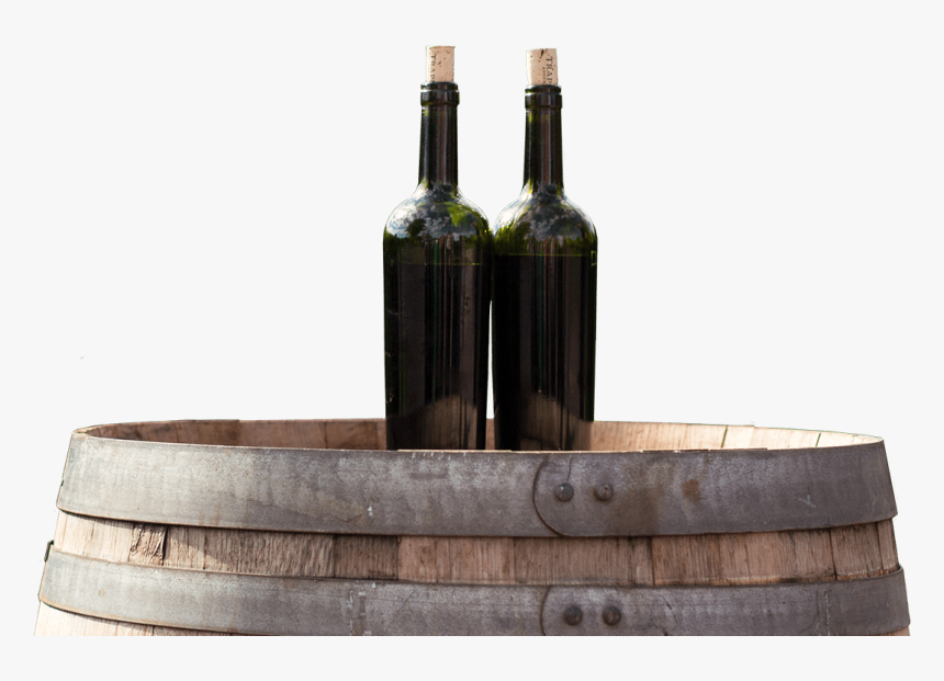 Two Green Wine Bottles Sitting On Barrell At Grapevine - Wine Bottle, HD Png Download