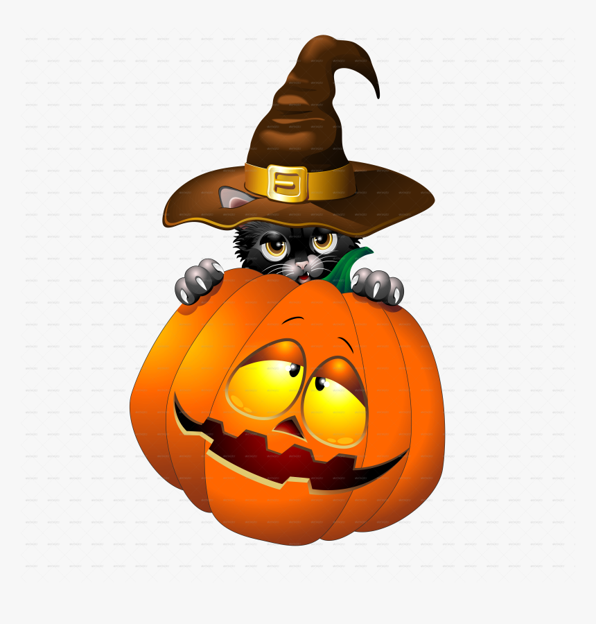 Halloween Black Kitten Cartoon With Pumpkin-jpg - Pumpkin Cat Halloween Png, Transparent Png