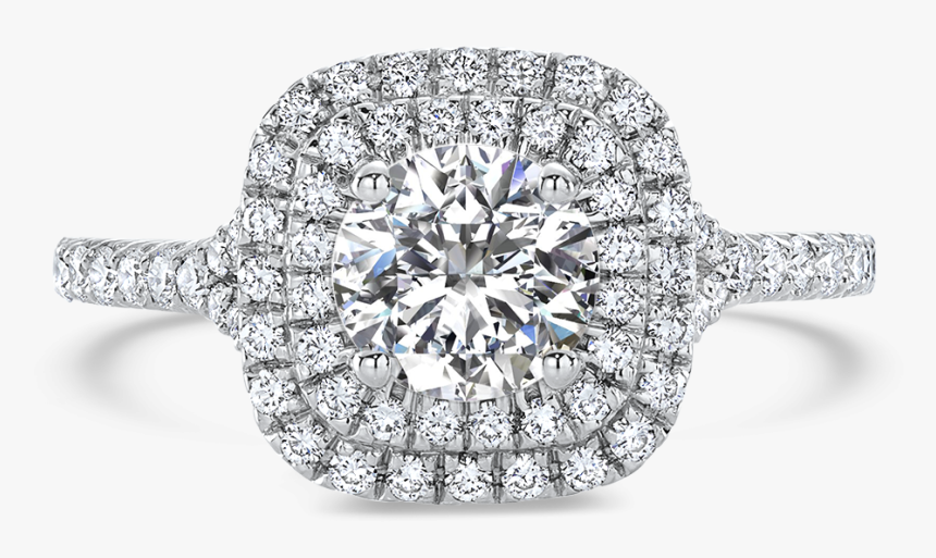 Double Halo Diamond Engagement Ring - Cushion Three Stone Halo Ring, HD Png Download