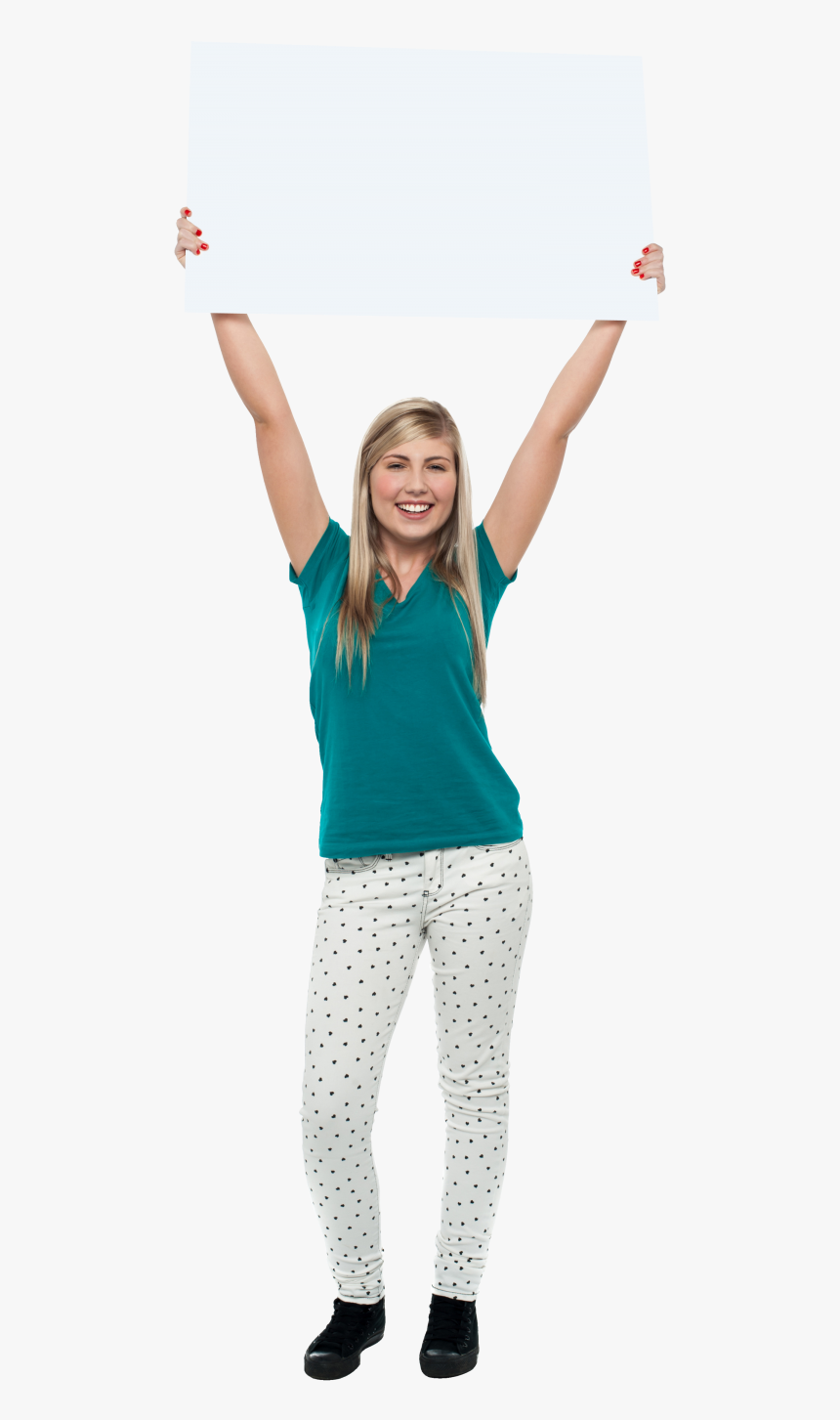 Girl Holding Banner Png Image - Woman Holding Sign Above Head, Transparent Png
