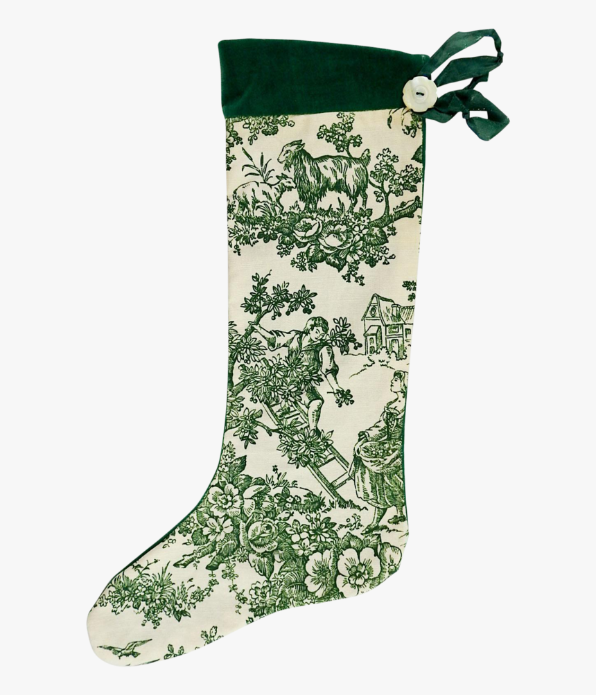 Vintage Green Toile Christmas Stocking - Christmas Stocking, HD Png Download