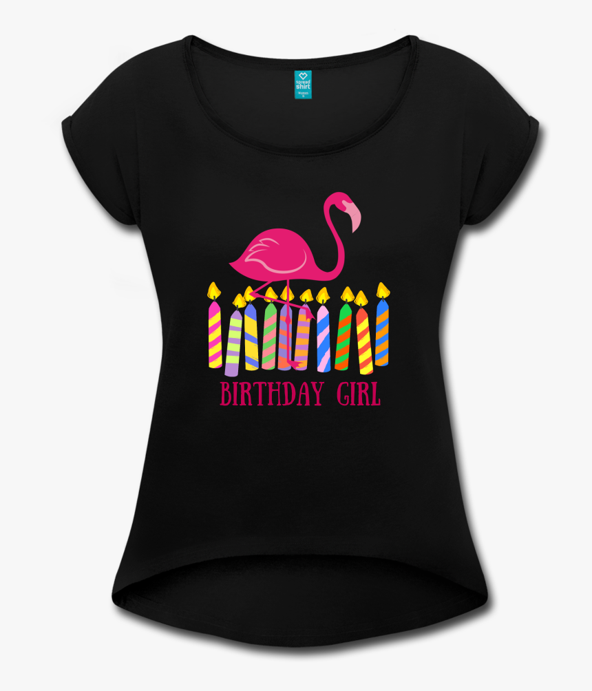 Birthday Girl Flamingo Rolled Cuff Womens Tee - Black Swan, HD Png Download