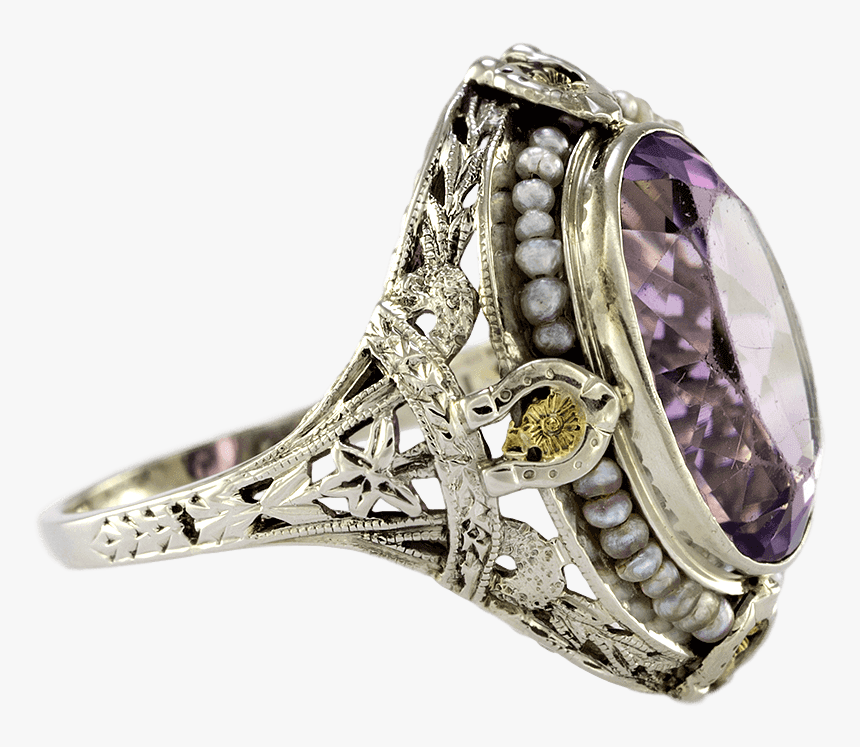 Victorian Inspired 14k White Gold Amethyst Filigree - Pre-engagement Ring, HD Png Download