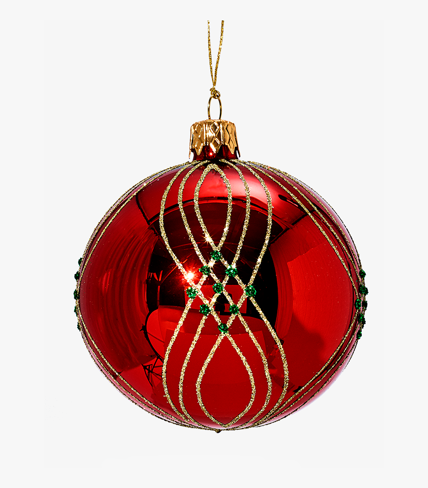 Glass Bauble Red With Golden And Green Decor, 8cm - Christmas Ornament, HD Png Download