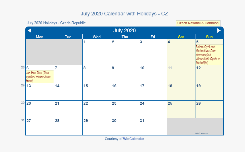 July 2020 Calendar With Cz Holidays - February Calendar 2020 With Holidays, HD Png Download