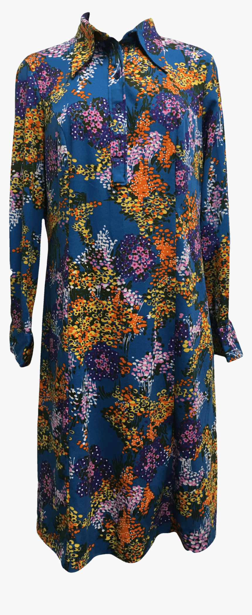70 S Blue And Multicolor Floral Print Collared Midi - Day Dress, HD Png Download