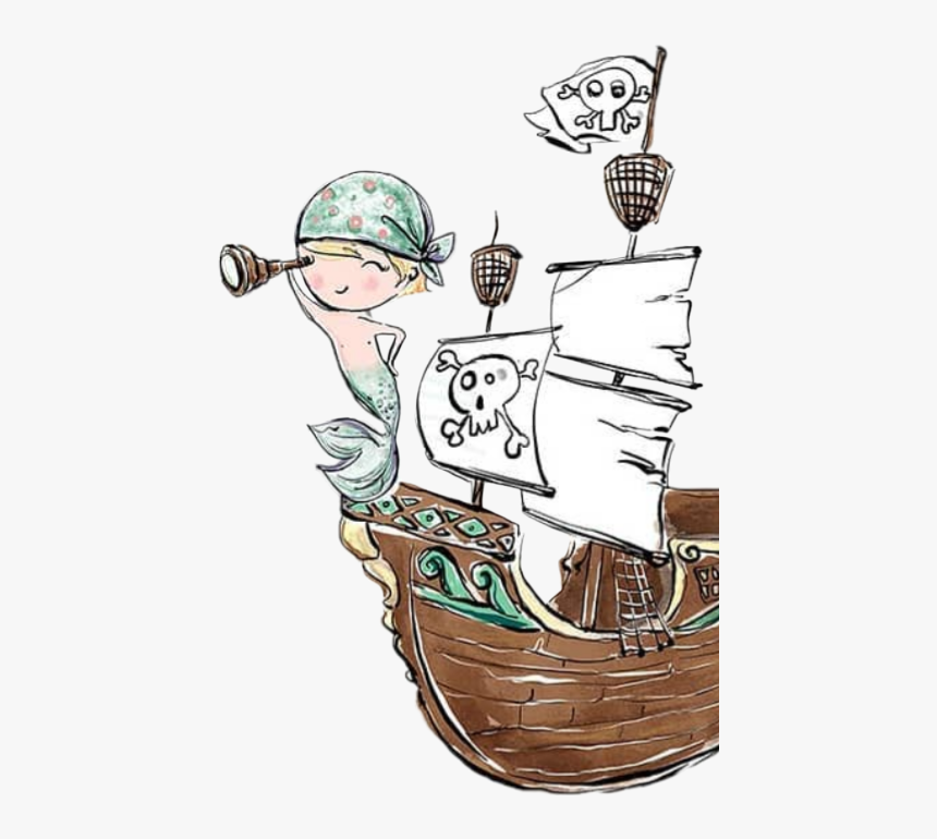 #watercolor #merboy #mermaid #pirate #ship #skullandcrossbones - Cartoon, HD Png Download
