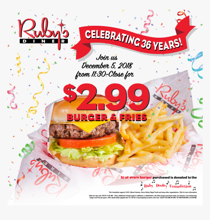 99 Anniversary Burger And Fries To Benefit The Ruby - Ruby's Diner Special, HD Png Download