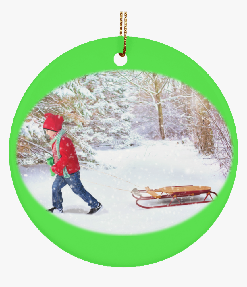 Winter Scene Child And Sleigh Ceramic Christmas Ornament - Merry Christmas With Vacuum Cleaner, HD Png Download