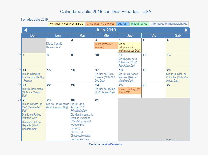 Calendario Estados Unidos Julio 2019 En Formato De - Holidays In March 2020, HD Png Download