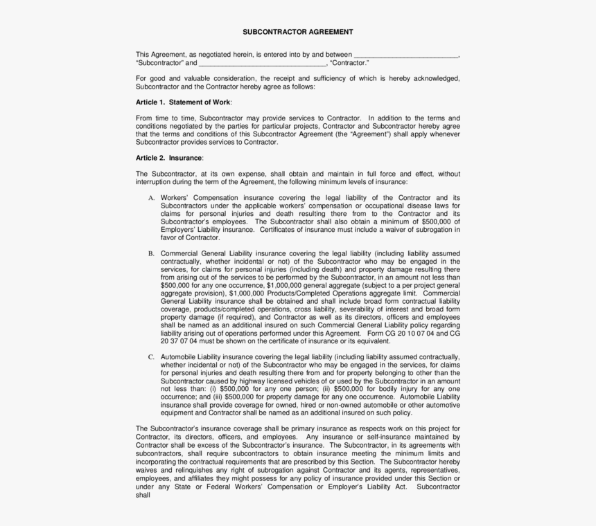 Subcontractor-agreement - Pdf - Sub Contractor Subcontractor Agreement Pdf, HD Png Download