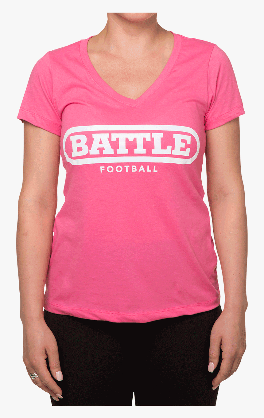 Battle Women V Neck T Shirt Pink With White Football - Active Shirt, HD Png Download