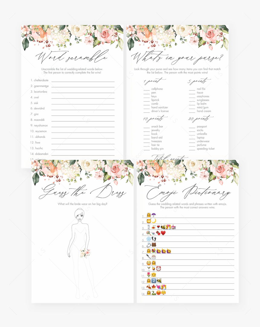 Printable Floral Bridal Shower Games Set By Littlesizzle - Bridal Shower, HD Png Download