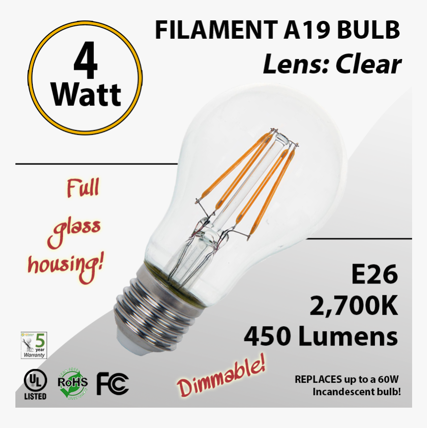 4w Led Filament Bulb 2700k Antique A19 Vintage Clear - U.s. Federal Communications Commission, HD Png Download