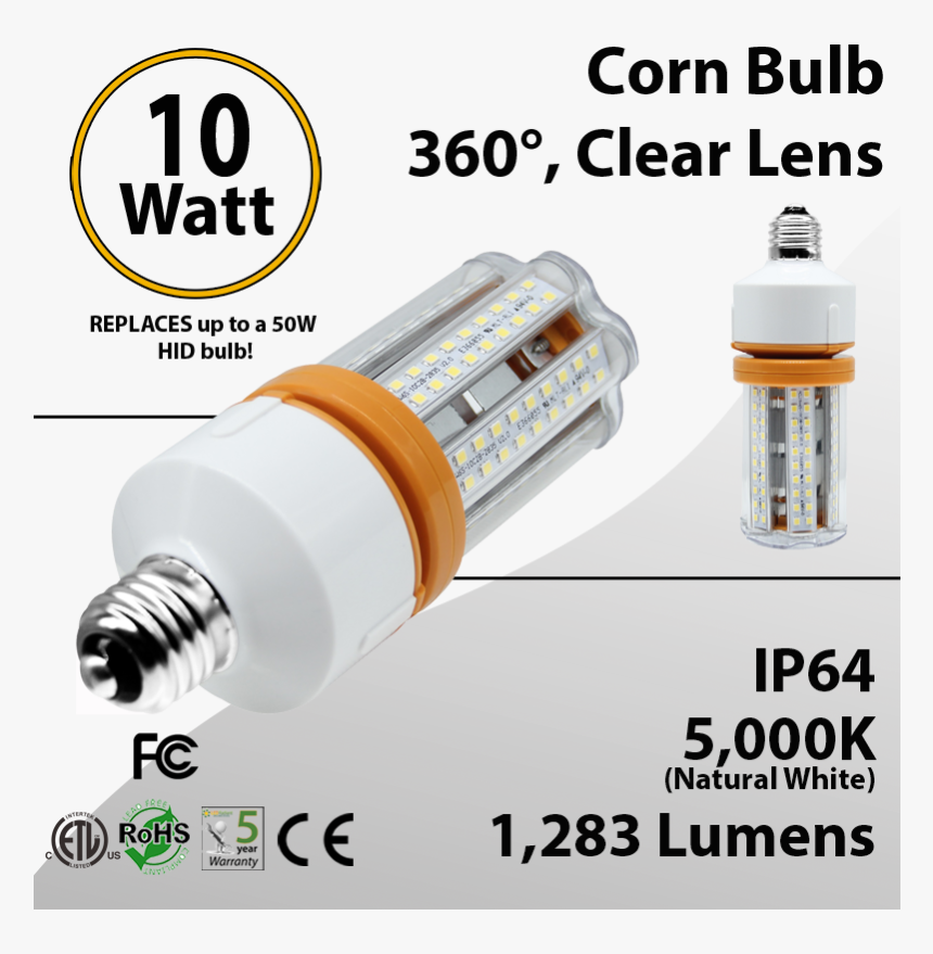 Led Corn Bulb 10 Watt 1283 Lm 5000k E26 Ip64 Etl Dlc - 2 Ft Led Tube Light, HD Png Download