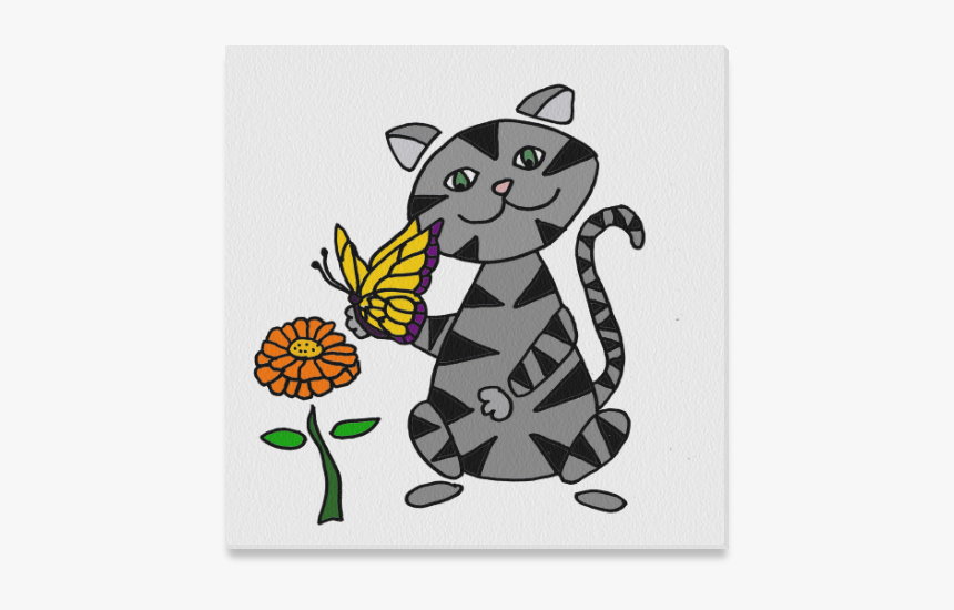 Funny Gray Tabby Cat With Butterfly Canvas Print 16 - Cartoon, HD Png Download