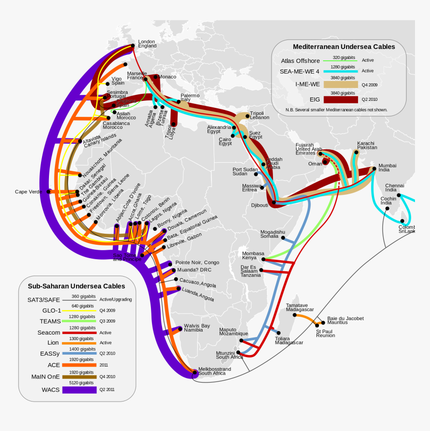 Internet Undersea Cables Africa - Submarine Cable Map Africa, HD Png Download