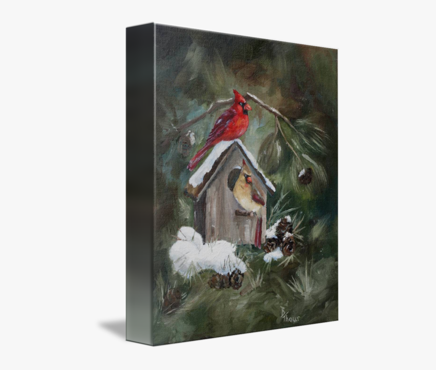 Cardinals On Snow Covered Birdhouse By Brenda Thour - Postal Navideña Con Cardenales, HD Png Download