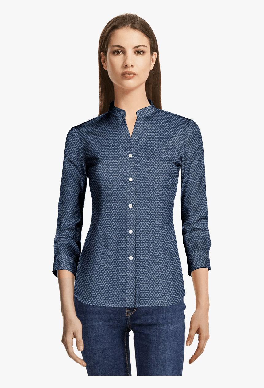 Navy Blue Micropattern 3/4 Sleeve Stand Up Collar No - Camisa De Vestir Cuello Mao Para Dama, HD Png Download