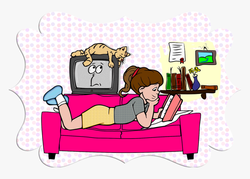 Young, Girl, Child, Sofa, Cat, Pet, Reading, Books - Girl, HD Png Download