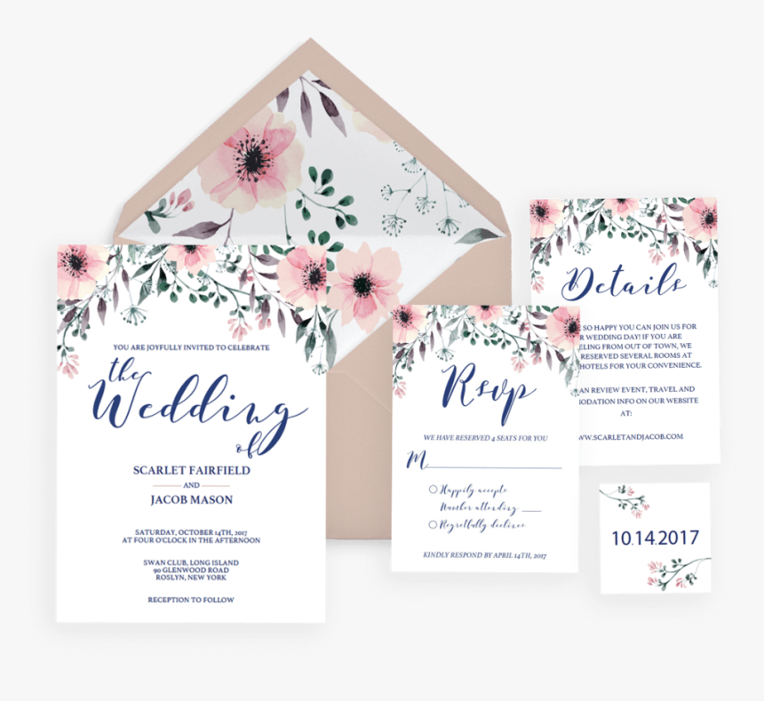Floral Wedding Invitation Set - Wedding Invitation Place Cards, HD Png Download
