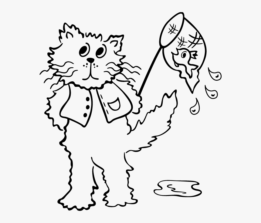 Cat With Fish Net Decal - Gato Pescando Desenho Para Colorir, HD Png Download