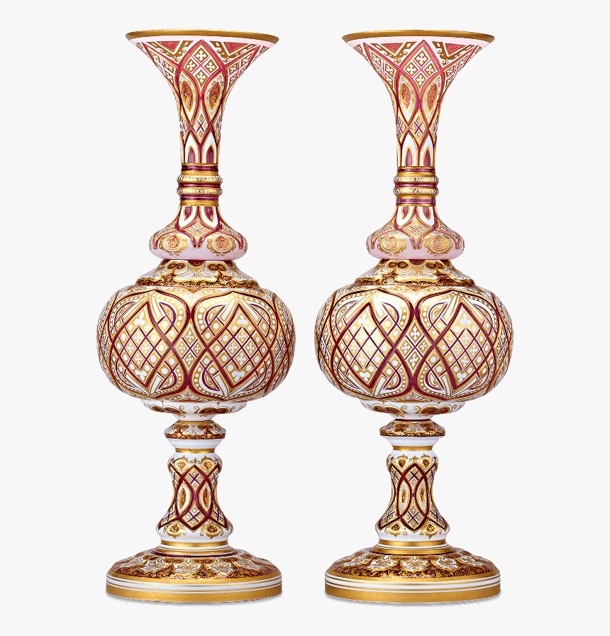 Pair Of Cranberry And Gold Bohemian Glass Overlay Vases - Antique, HD Png Download
