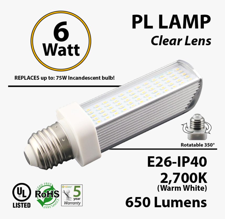 6w Pl Led Bulb Lamp 2700k E26 Ul - Fluorescent Lamp, HD Png Download