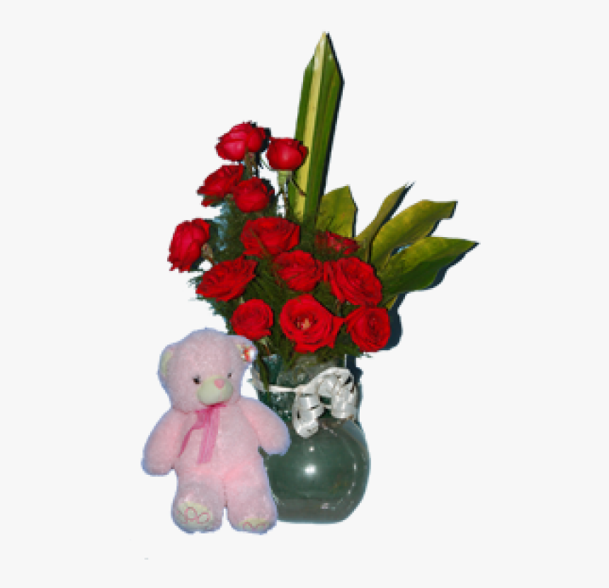 Pink Teddy With Red Roses - Bouquet, HD Png Download