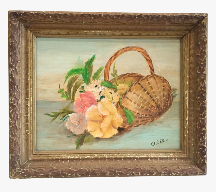 Vintage Framed Oil Still Life Flowers In Basket Signed - Still Life, HD Png Download