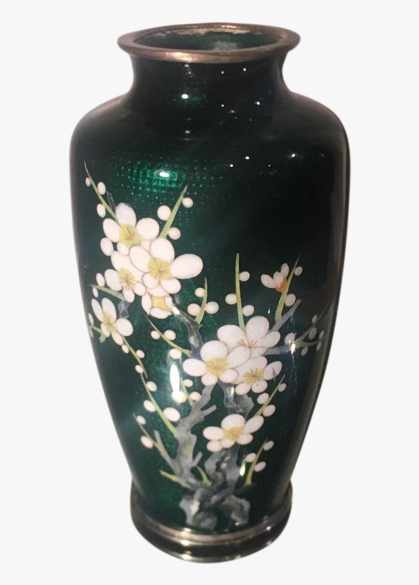 Vintage Japanese Green Cloisonné Vase W Flowers & Bird - Vase, HD Png Download