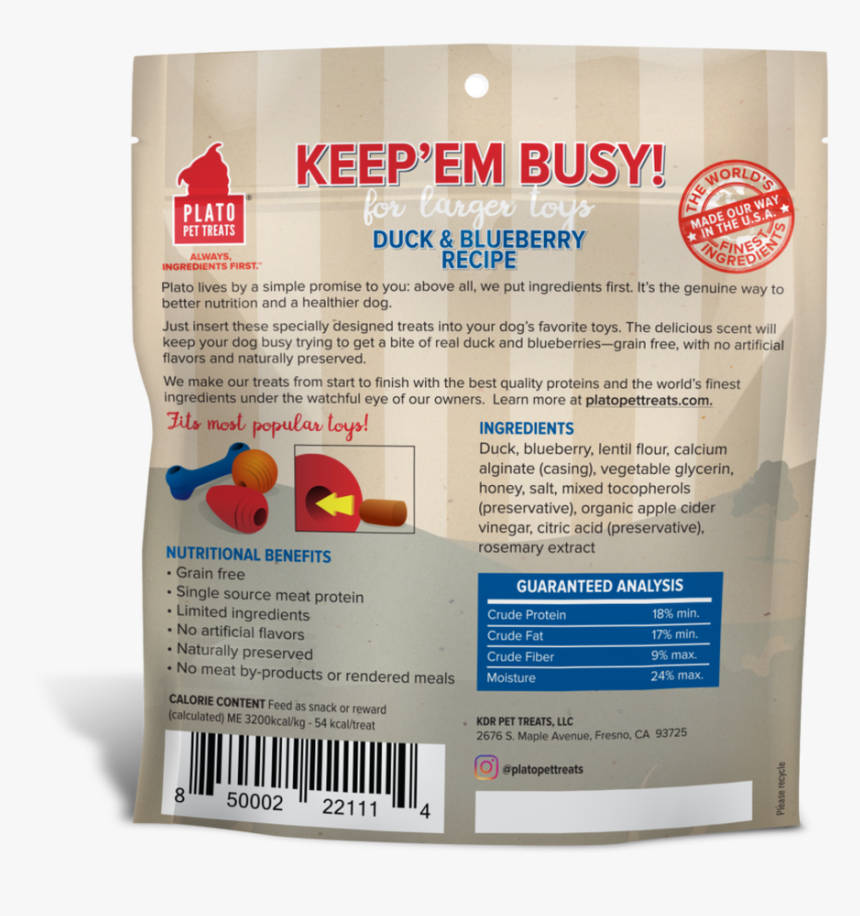 Plato Dog Keep Em Busy Duck & Blueberry Treats Large - Dog, HD Png Download