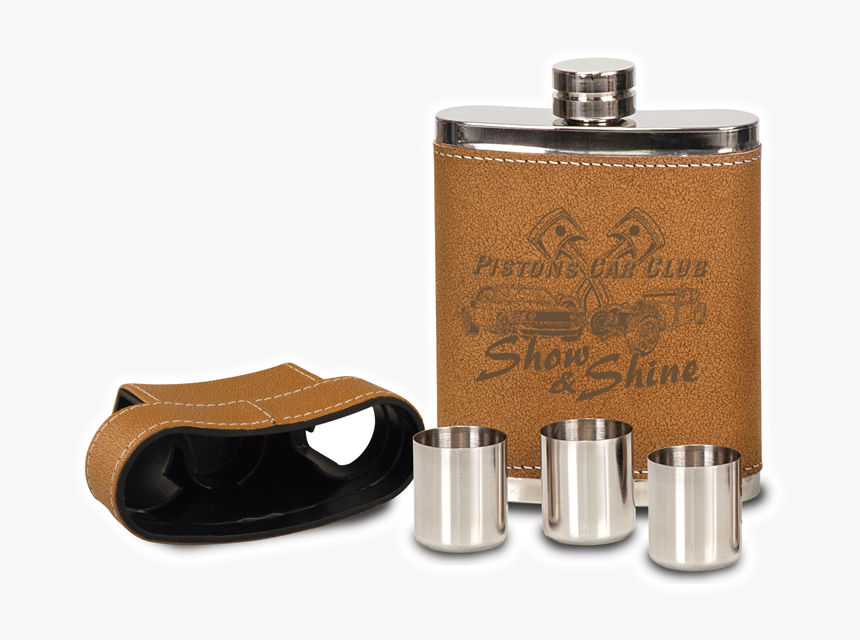 Leather Flask With Lid & 3 Shot Glasses - Hip Flask, HD Png Download