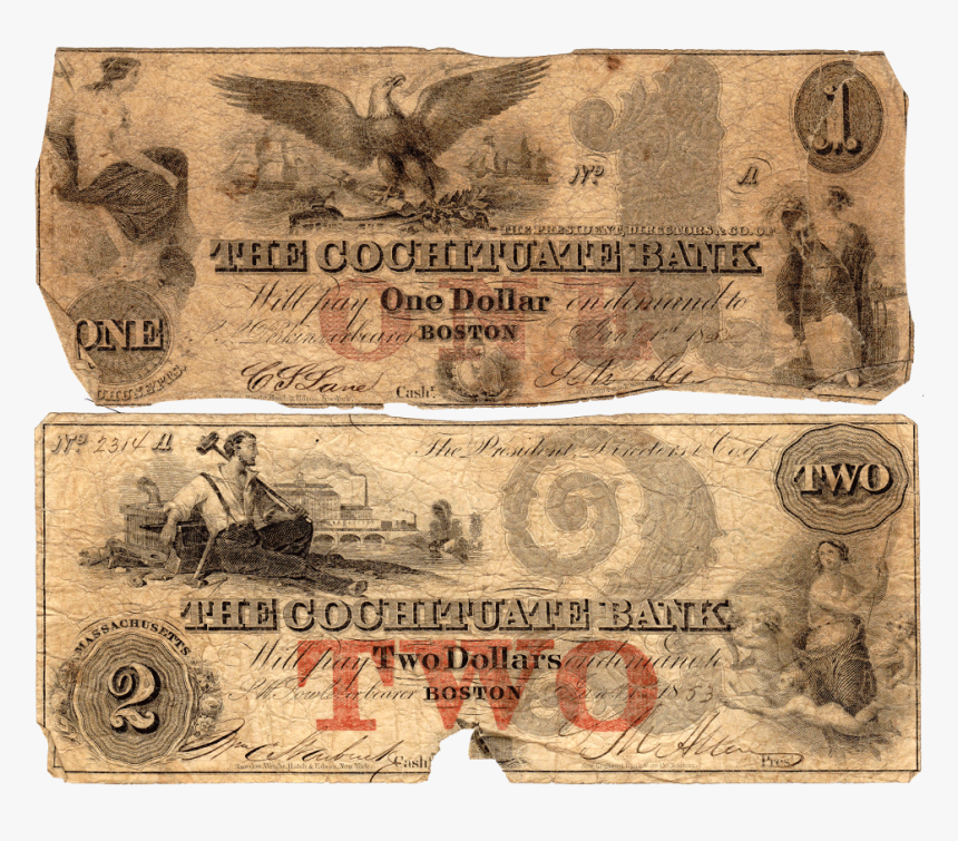Pair Of 1850s $1 & $2 Cochituate Bank Of Boston, Ma - Banknote, HD Png Download