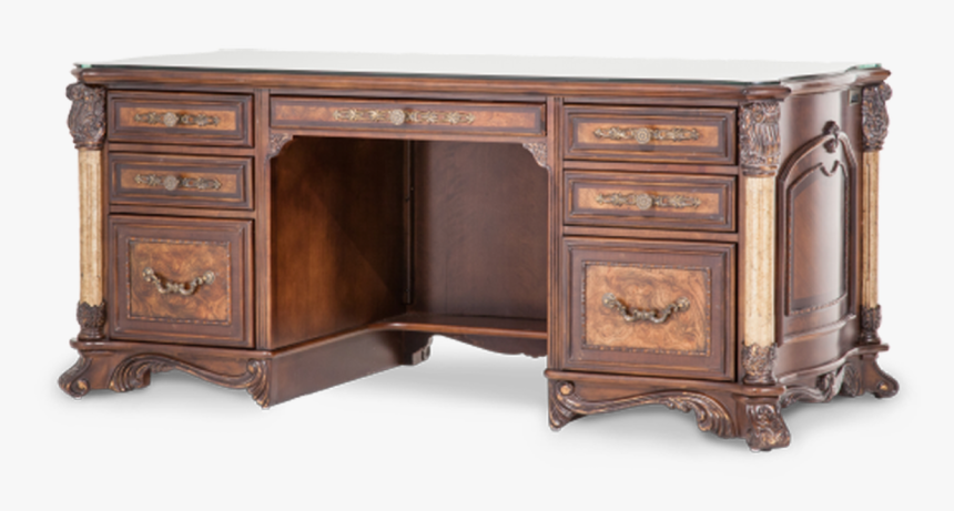 7 Drawers Carved Wood Light Espresso Finish Glass Top - Aico Victoria Palace Desk, HD Png Download
