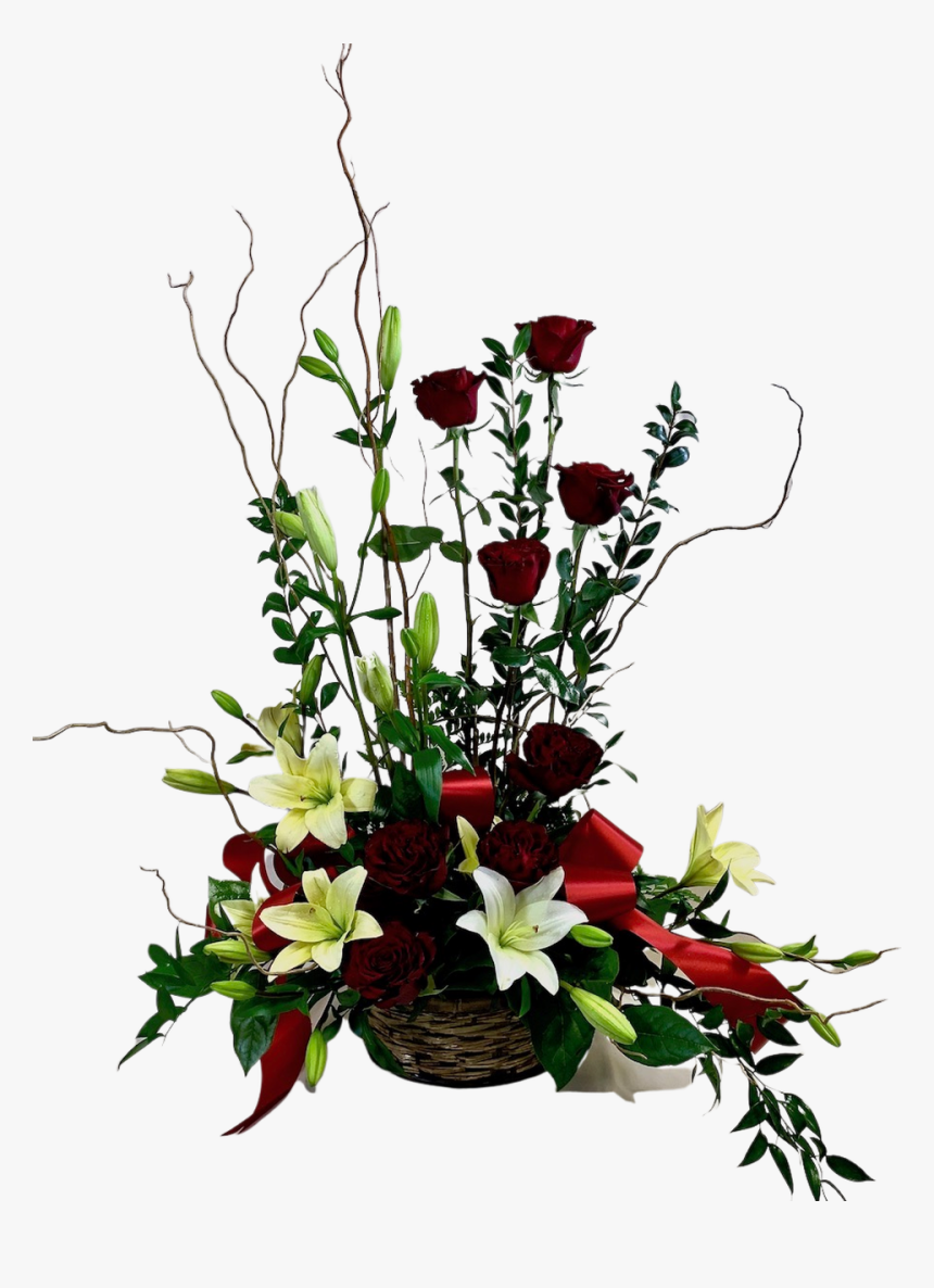 Sympathy Arrangement Of Deep Red Roses, White Lilies, - Bouquet, HD Png Download