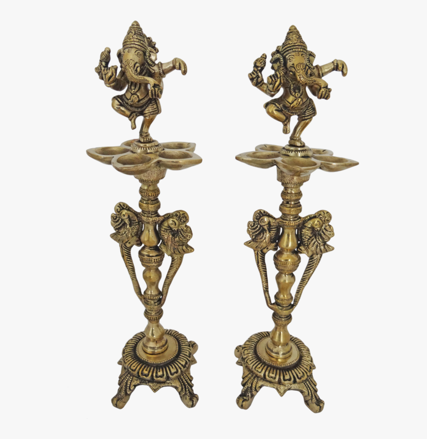 Brass Ganesha Pair Kuthuvilaku With 5 Face Jyot Showpiece, - Antique, HD Png Download