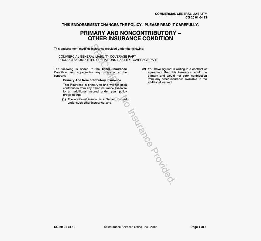 Primary And Noncontributory Endorsement Example, HD Png Download