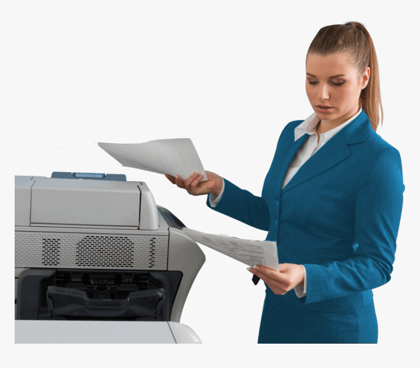 Business Woman Blue Coat Next To Office Printer - Output Device, HD Png Download