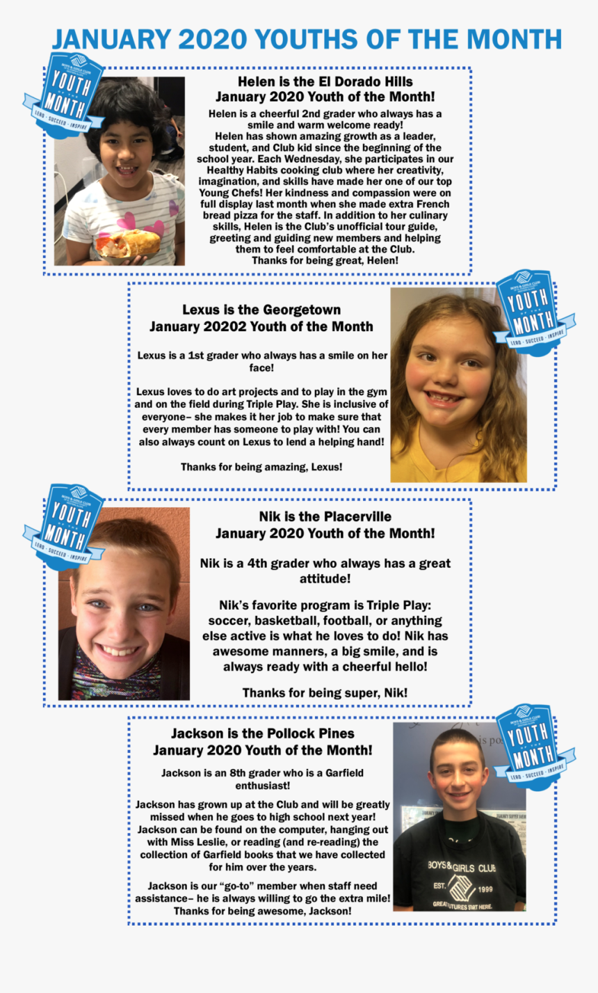 January 2020 Youth Of The Month Website - Child, HD Png Download